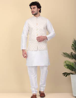 Men silk blend cream kurta and churidar with embroidered beige nehru jacket 1