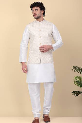 Men silk blend cream kurta and churidar with embroidered beige nehru jacket