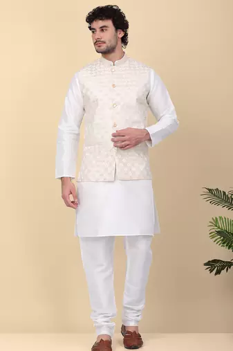 Men silk blend cream kurta and churidar with embroidered beige nehru jacket