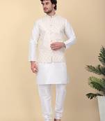 Men silk blend cream kurta and churidar with embroidered beige nehru jacket