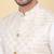 Men silk blend cream kurta and churidar with embroidered beige nehru jacket