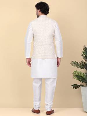 Men silk blend cream kurta and churidar with embroidered beige nehru jacket 3