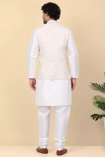 Men silk blend cream kurta and churidar with embroidered beige nehru jacket