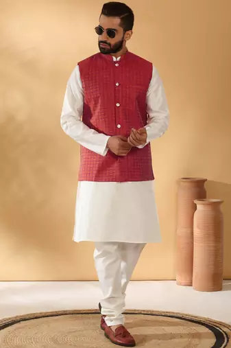 Silk blend cream kurta and churidar with jacquard geometric maroon nehru jacket