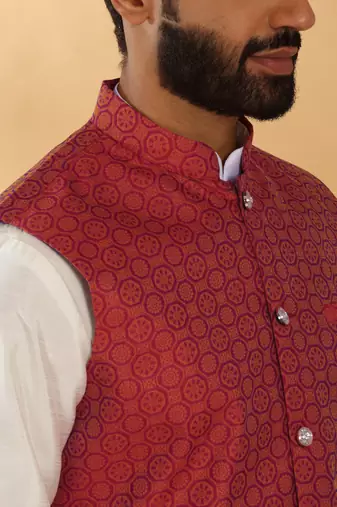 Silk blend cream kurta and churidar with jacquard geometric maroon nehru jacket