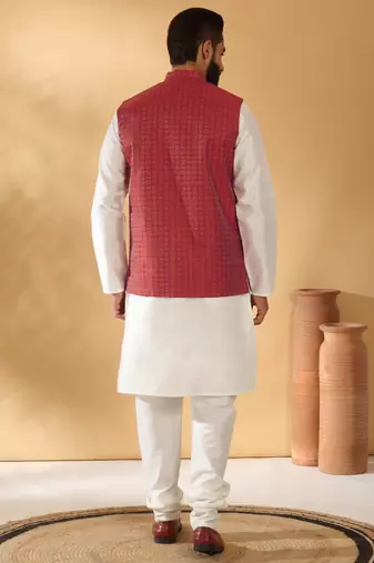 Silk blend cream kurta and churidar with jacquard geometric maroon nehru jacket