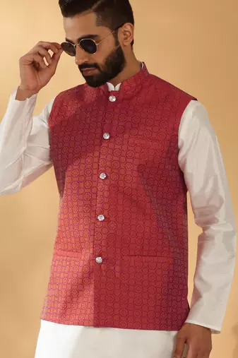 Silk blend cream kurta and churidar with jacquard geometric maroon nehru jacket