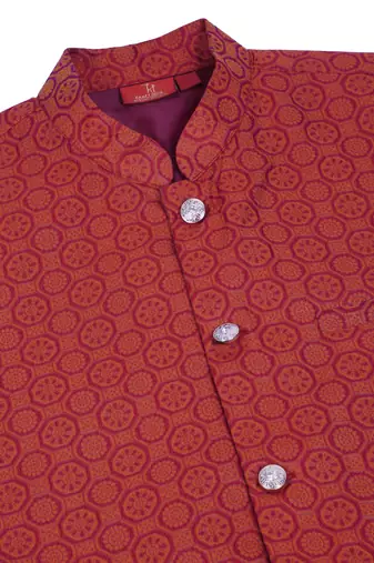 Silk blend cream kurta and churidar with jacquard geometric maroon nehru jacket