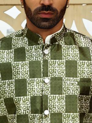Silk blend solid cream kurta and churidar with green printed nehru jacket 2