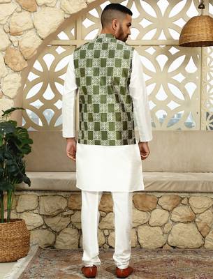 Silk blend solid cream kurta and churidar with green printed nehru jacket 3