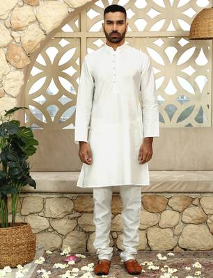 Silk blend solid cream kurta and churidar with green printed nehru jacket 5