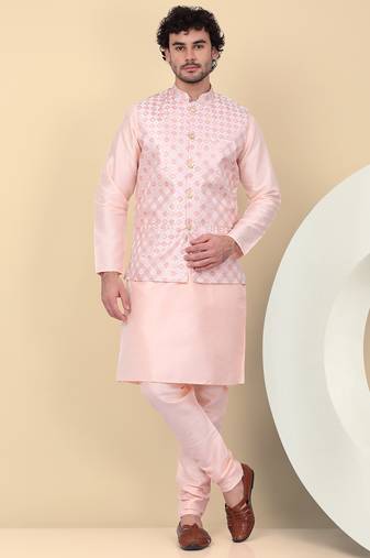 Men silk blend peach kurta and churidar with embroidered nehru jacket