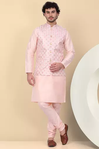 Men silk blend peach kurta and churidar with embroidered nehru jacket