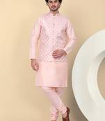 Men silk blend peach kurta and churidar with embroidered nehru jacket