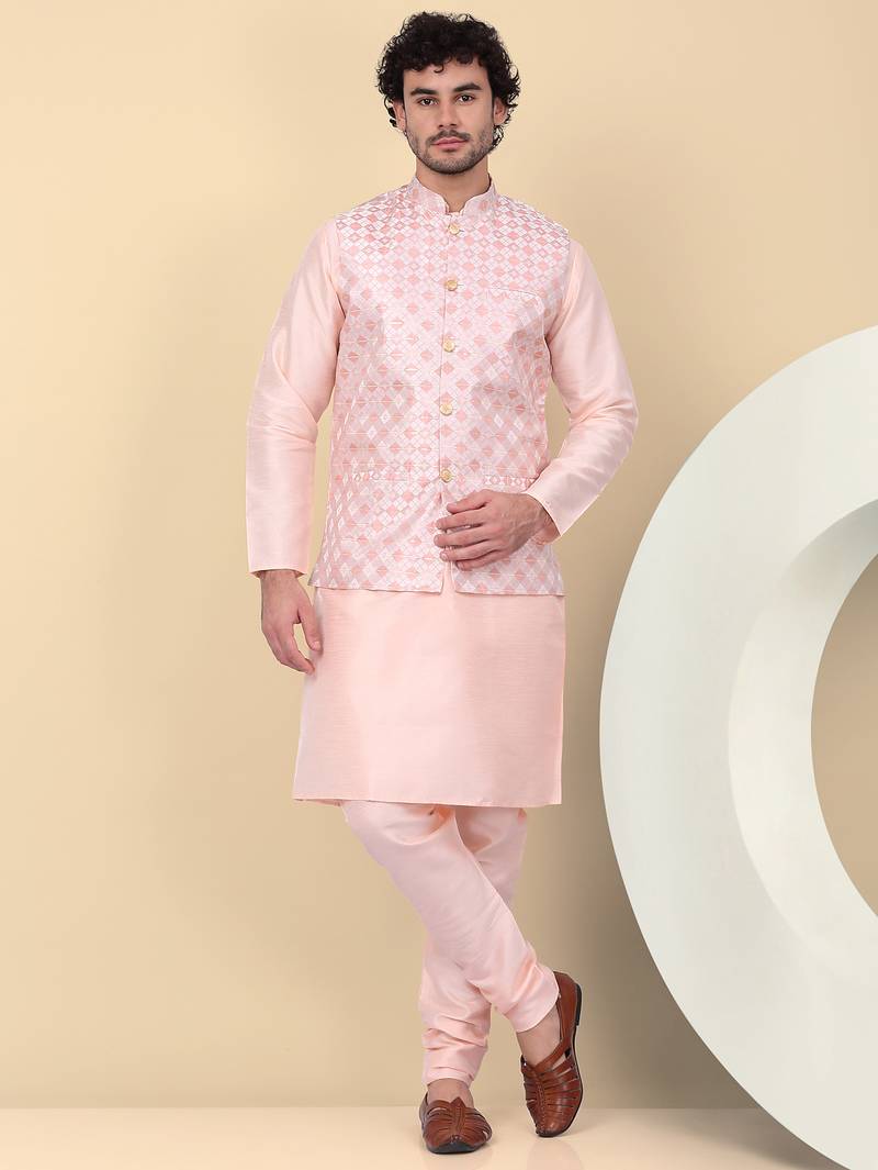 Men silk blend peach kurta and churidar with embroidered nehru jacket