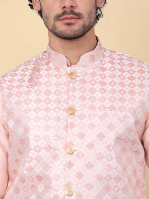 Men silk blend peach kurta and churidar with embroidered nehru jacket 2