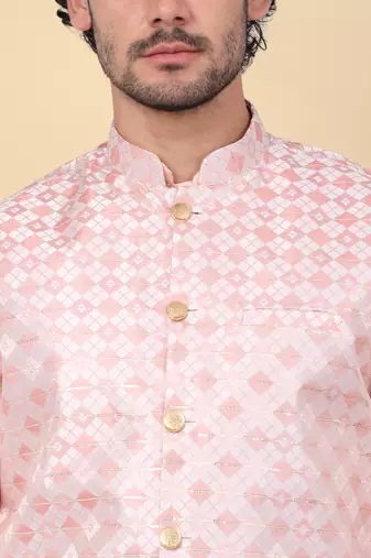 Men silk blend peach kurta and churidar with embroidered nehru jacket