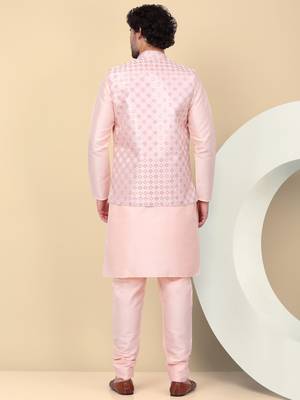 Men silk blend peach kurta and churidar with embroidered nehru jacket 3