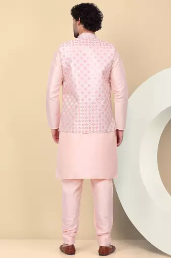 Men silk blend peach kurta and churidar with embroidered nehru jacket