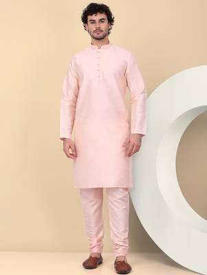 Men silk blend peach kurta and churidar with embroidered nehru jacket 5
