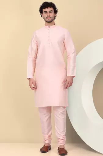 Men silk blend peach kurta and churidar with embroidered nehru jacket