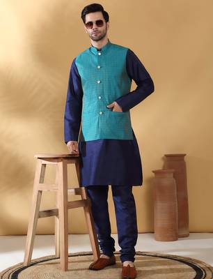 Silk blend navy blue kurta and churidar with jacquard geometric turquoise nehru jacket 1