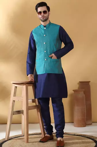 Silk blend navy blue kurta and churidar with jacquard geometric turquoise nehru jacket