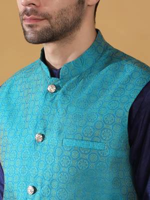 Silk blend navy blue kurta and churidar with jacquard geometric turquoise nehru jacket 2