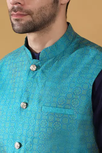 Silk blend navy blue kurta and churidar with jacquard geometric turquoise nehru jacket