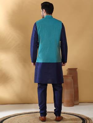 Silk blend navy blue kurta and churidar with jacquard geometric turquoise nehru jacket 3