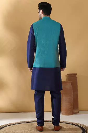 Silk blend navy blue kurta and churidar with jacquard geometric turquoise nehru jacket