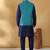Silk blend navy blue kurta and churidar with jacquard geometric turquoise nehru jacket