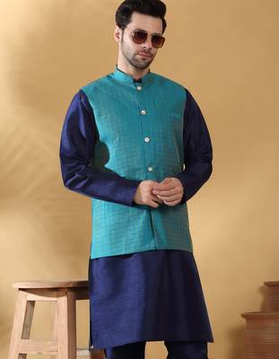 Silk blend navy blue kurta and churidar with jacquard geometric turquoise nehru jacket 4