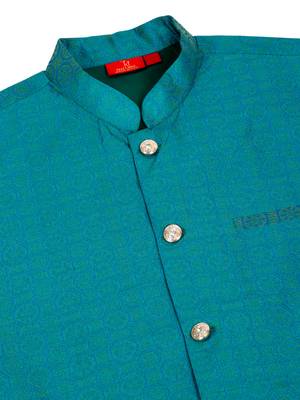 Silk blend navy blue kurta and churidar with jacquard geometric turquoise nehru jacket 5