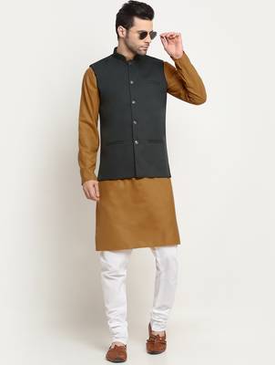 Cotton gold tonned kurta and pyjama with green nehru jacket 1