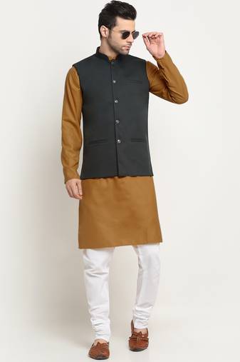 Cotton gold tonned kurta and pyjama with green nehru jacket