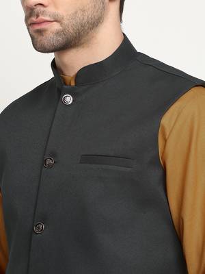 Cotton gold tonned kurta and pyjama with green nehru jacket 2