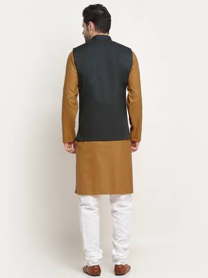 Cotton gold tonned kurta and pyjama with green nehru jacket 3