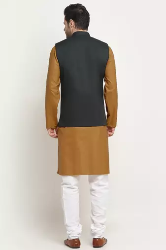Cotton gold tonned kurta and pyjama with green nehru jacket