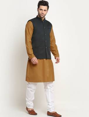 Cotton gold tonned kurta and pyjama with green nehru jacket 4