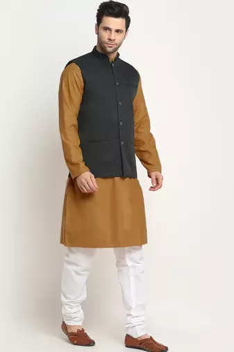 Cotton gold tonned kurta and pyjama with green nehru jacket