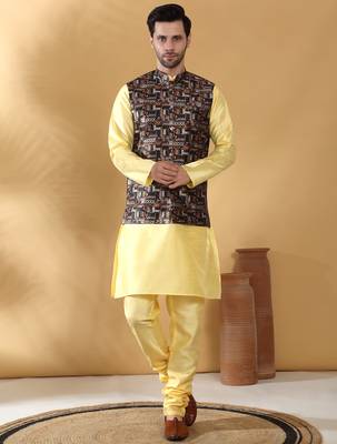 Silk bleand lime yellow kurta churidar with abstract printed black nehru jacket 1