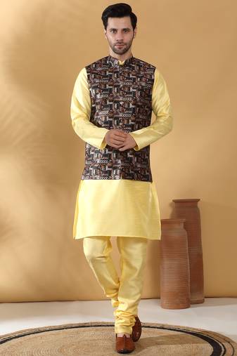 Silk bleand lime yellow kurta churidar with abstract printed black nehru jacket