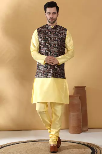 Silk bleand lime yellow kurta churidar with abstract printed black nehru jacket