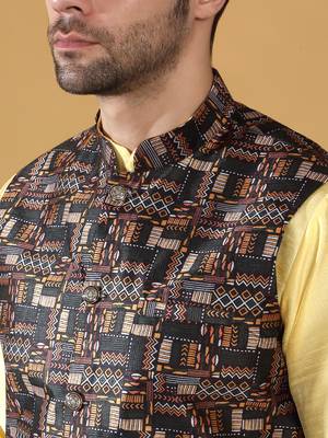 Silk bleand lime yellow kurta churidar with abstract printed black nehru jacket 2