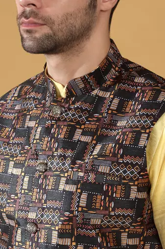 Silk bleand lime yellow kurta churidar with abstract printed black nehru jacket
