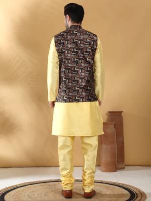 Silk bleand lime yellow kurta churidar with abstract printed black nehru jacket 3