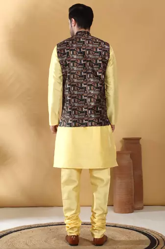 Silk bleand lime yellow kurta churidar with abstract printed black nehru jacket