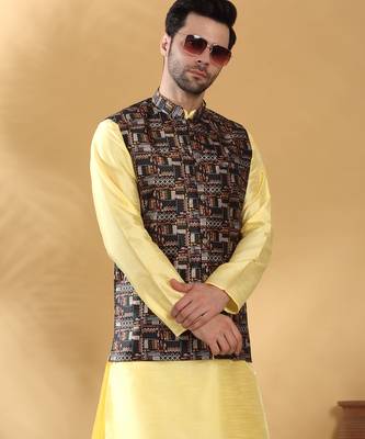Silk bleand lime yellow kurta churidar with abstract printed black nehru jacket 4