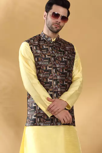 Silk bleand lime yellow kurta churidar with abstract printed black nehru jacket